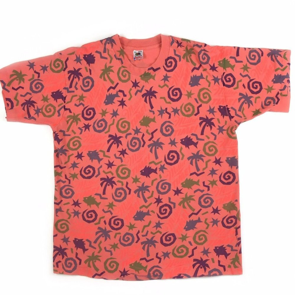 Vintage USA Miller beer T-shirt XL  fits L Single Stitch All Over Print Pink